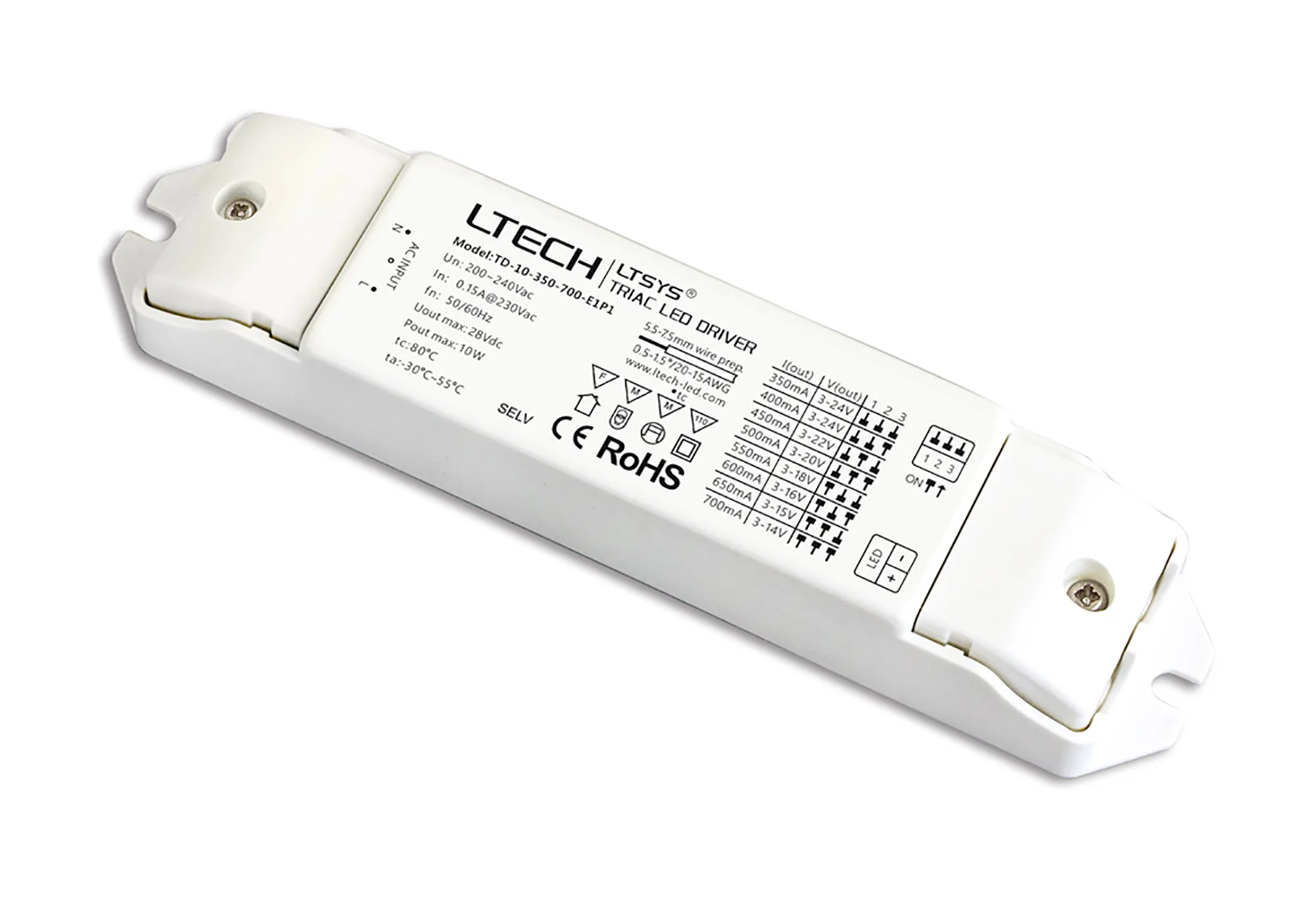 Triac/ELV PWM 1.05-10W C. Current Dimmable Driver, 3-24Vdc, 350-700mA, 200-240Vac input, IP44.